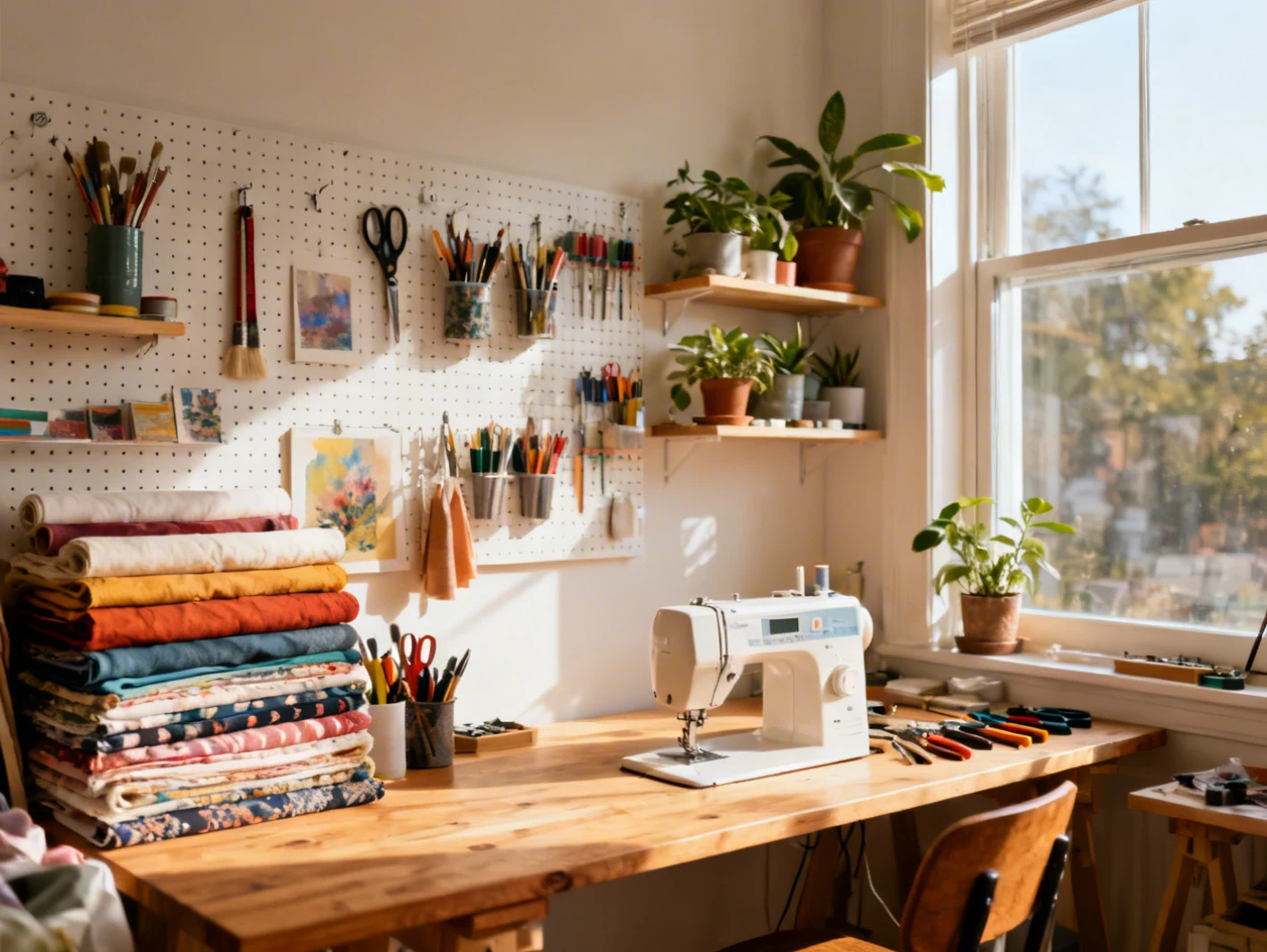Atelier créatif lumineux avec plan de travail en bois, outils organisés sur panneau perforé et étagères de rangement
