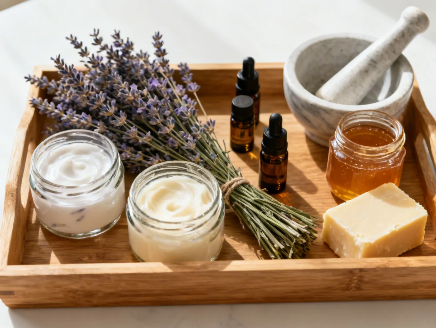 Ingrédients naturels pour cosmétiques maison disposés sur un plan de travail : huiles végétales, beurre de karité et fleurs séchées