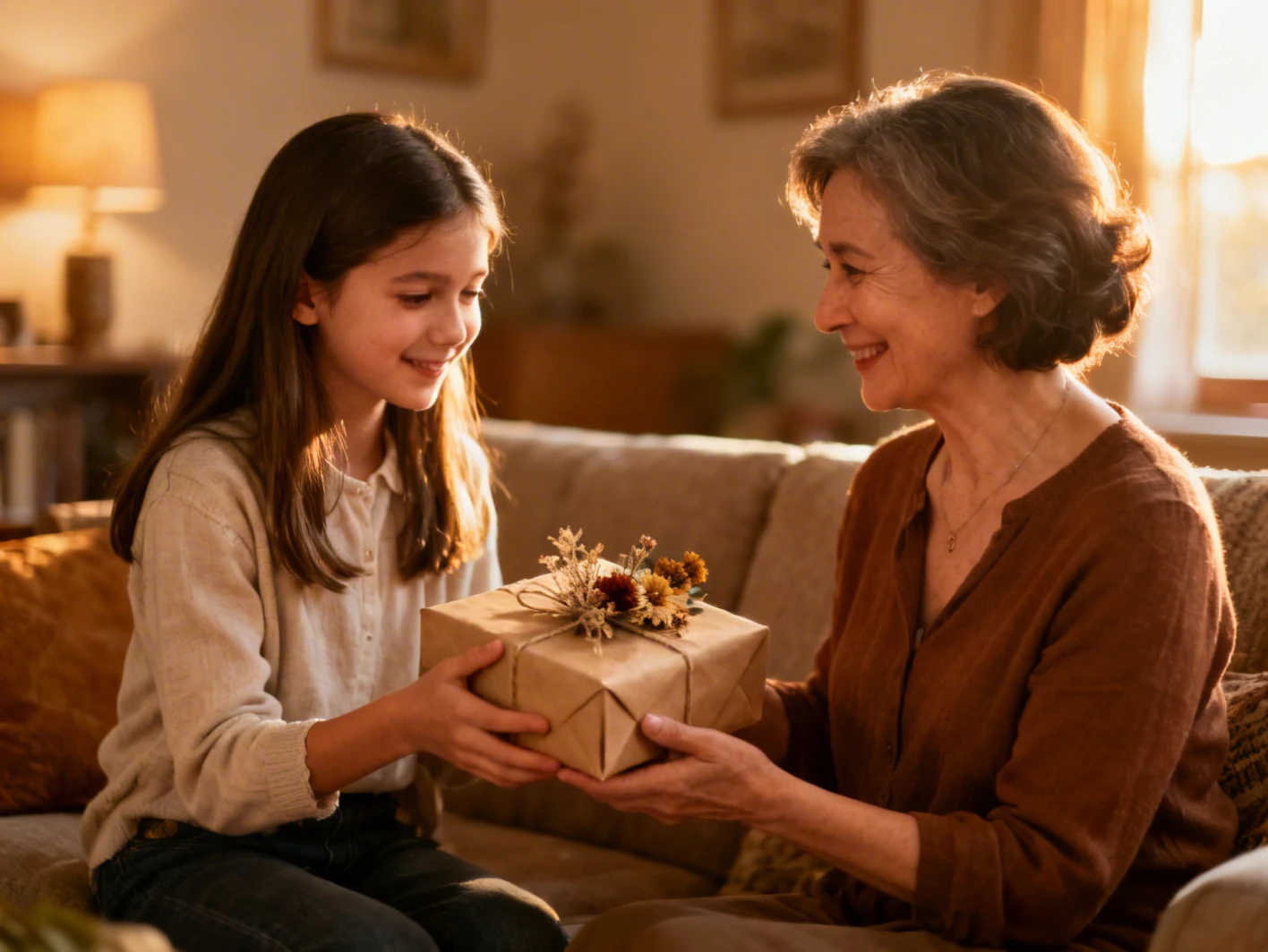 Assortiment de cadeaux fait-main pour la fête des mères : bouquet séché, bougie artisanale et bijou sur table en bois