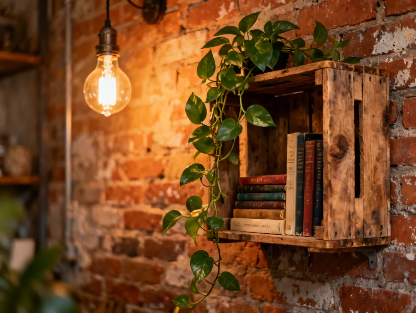 Objets déco upcyclés exposés dans un intérieur lumineux : étagère en caisse à vin et vases en bouteilles peintes